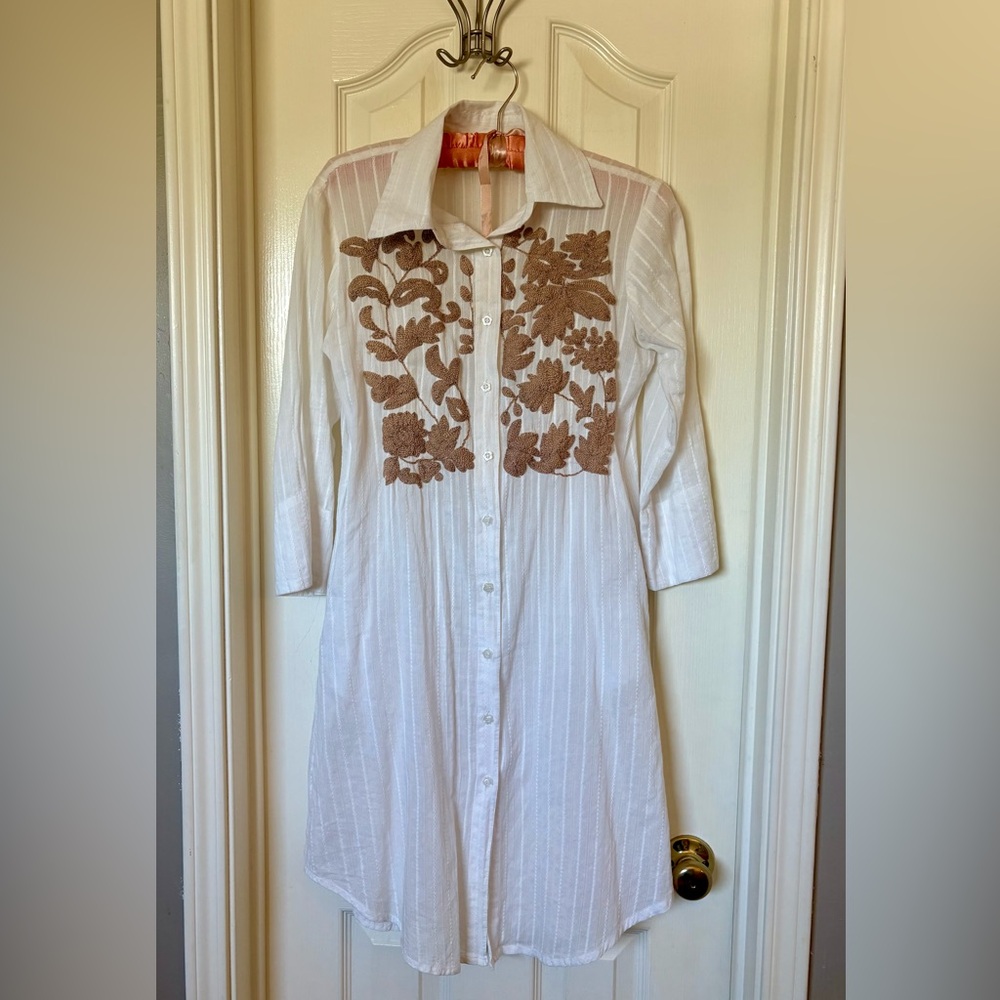 White Button-Down Tunic with Brown Floral Embroidery